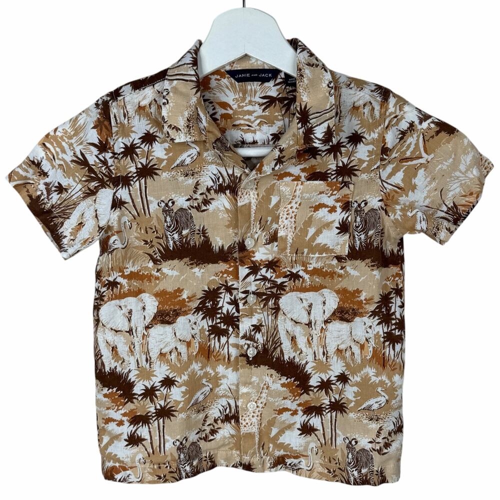 Janie and Jack Linen Safari Shirt Boys Size 4 Button Up Short Sleeve Animals